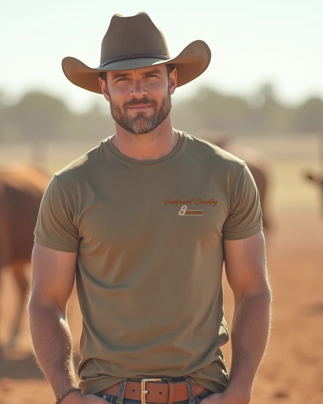Male model wearing Sunburnt Country Clothing 8 seconds tee in rural setting