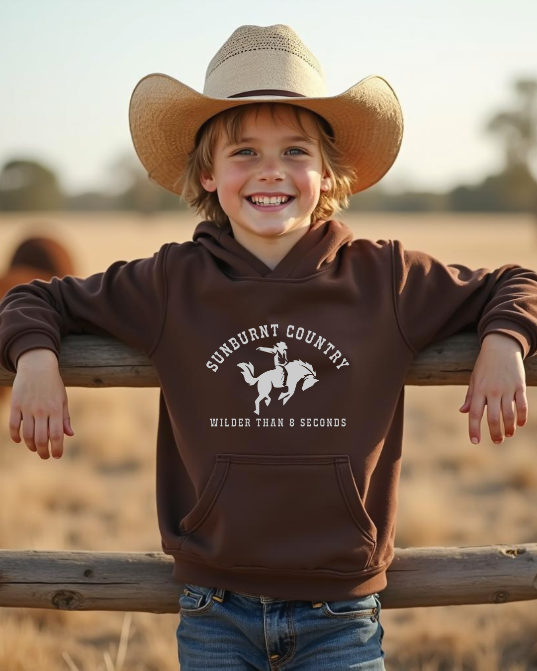 Young boy wearing a Sunburnt Country Clothing Wilder Than 8 Seconds brown kids country hoodie with bucking bronc design