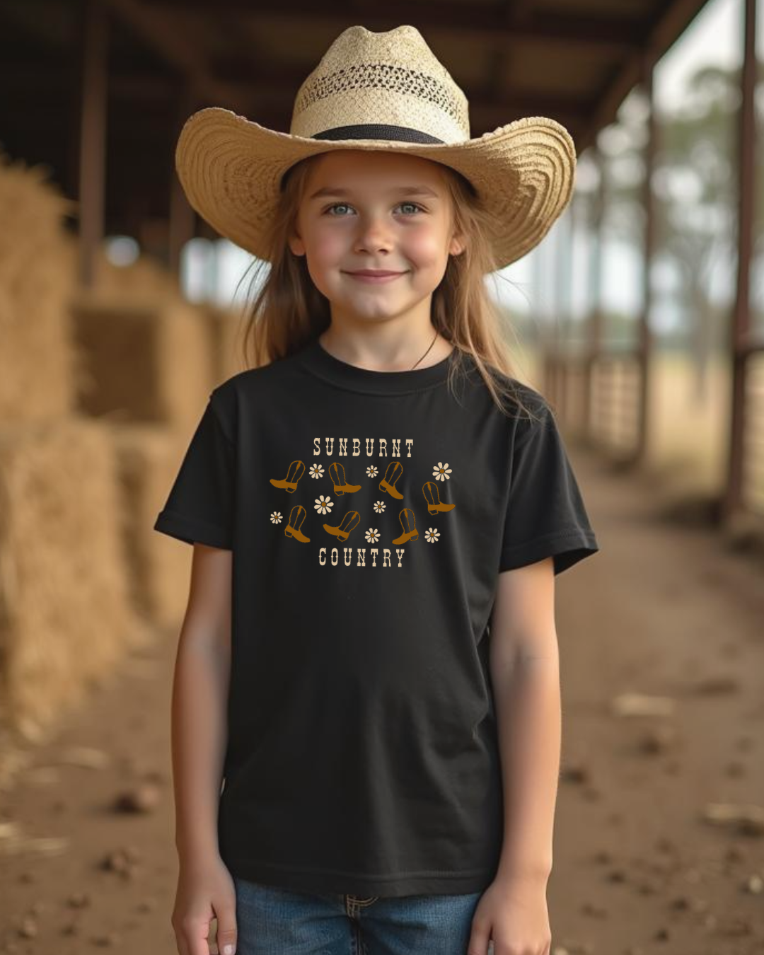 Young cowgirl wearing a Black girls country western t-shirt with boots and flower design by Sunburnt Country Clothing, Australian kids country clothing