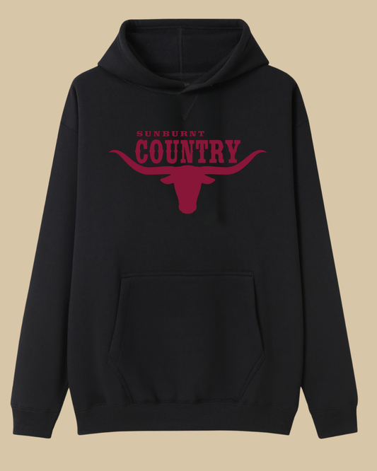 Black hoodie with 'Sunburnt Country' text and longhorn logo in burgundy