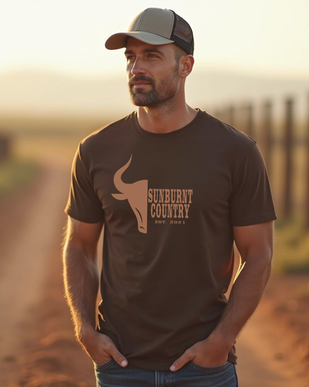 Make model wearing Sunburnt Country Clothing country t-shirt the stockman in a rural dirt road setting