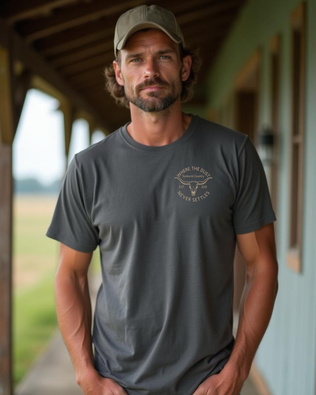 Male model wearing Sunburnt Country Clothing Heritage tee charcoal country t-shirt front print Australia
