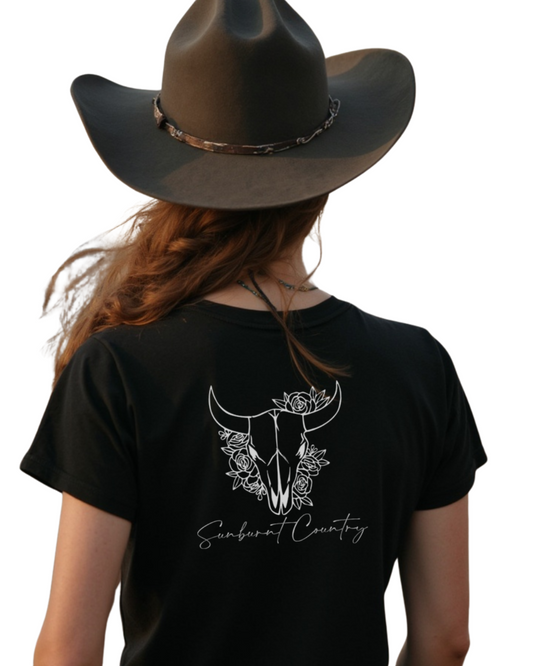 Sunburnt Country Clothing - Ladies Tee - Blooming Skull - Black