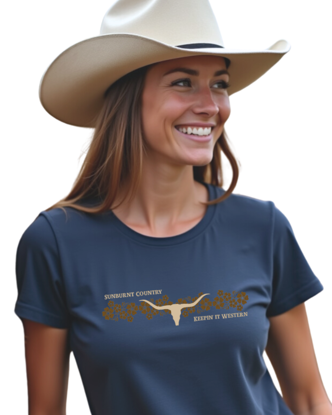 Sunburnt Country Clothing - Ladies Tee - Blooming Longhorn - Navy/Brown