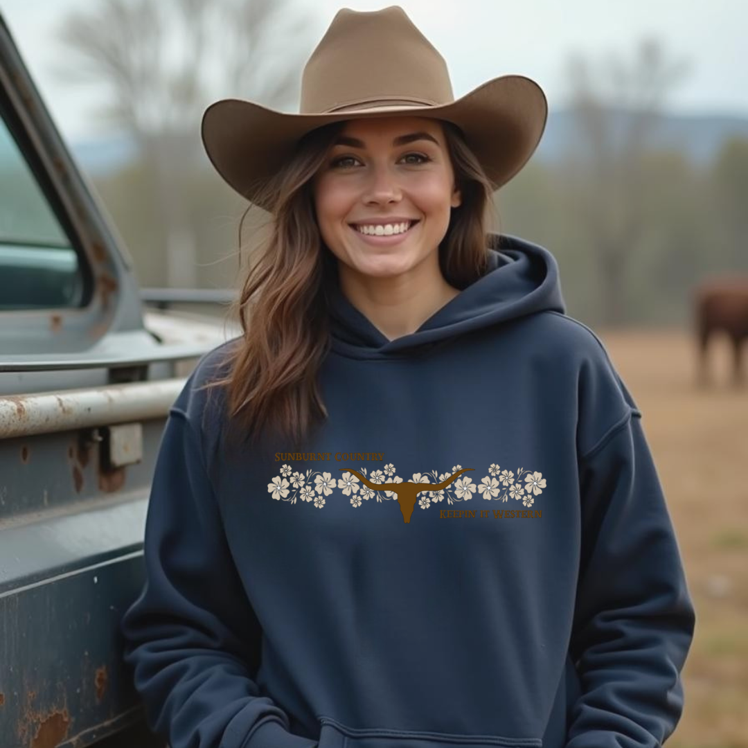 Sunburnt Country Clothing - Floral Longhorn - Brown flowers | Country Hoodie Australia