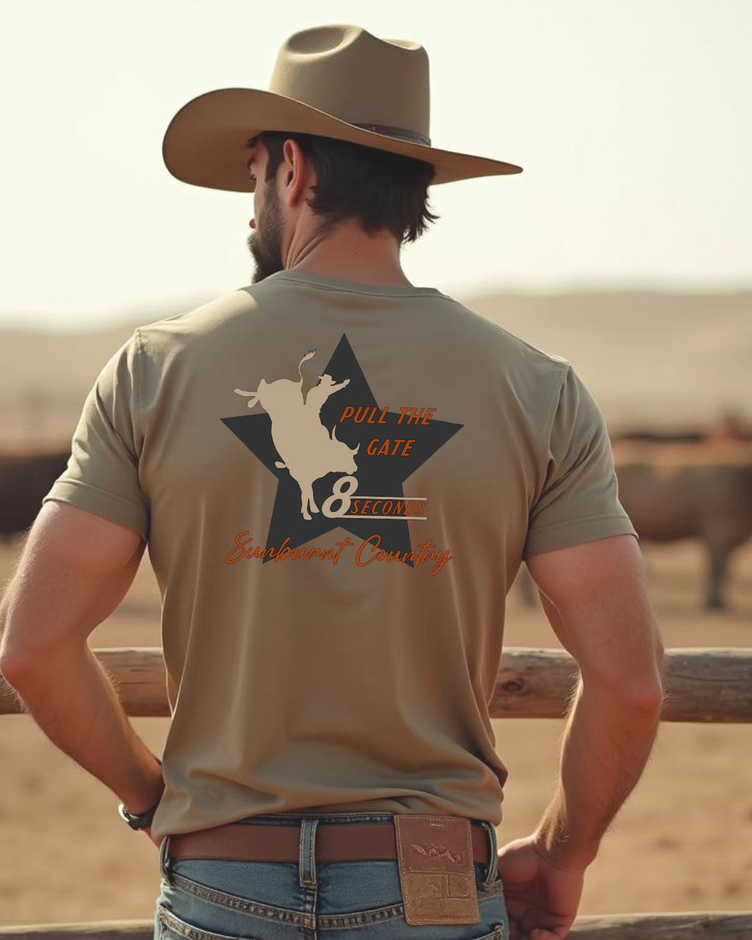 Back of Male model wearing Sunburnt Country Clothing 8 seconds tee in rural setting
