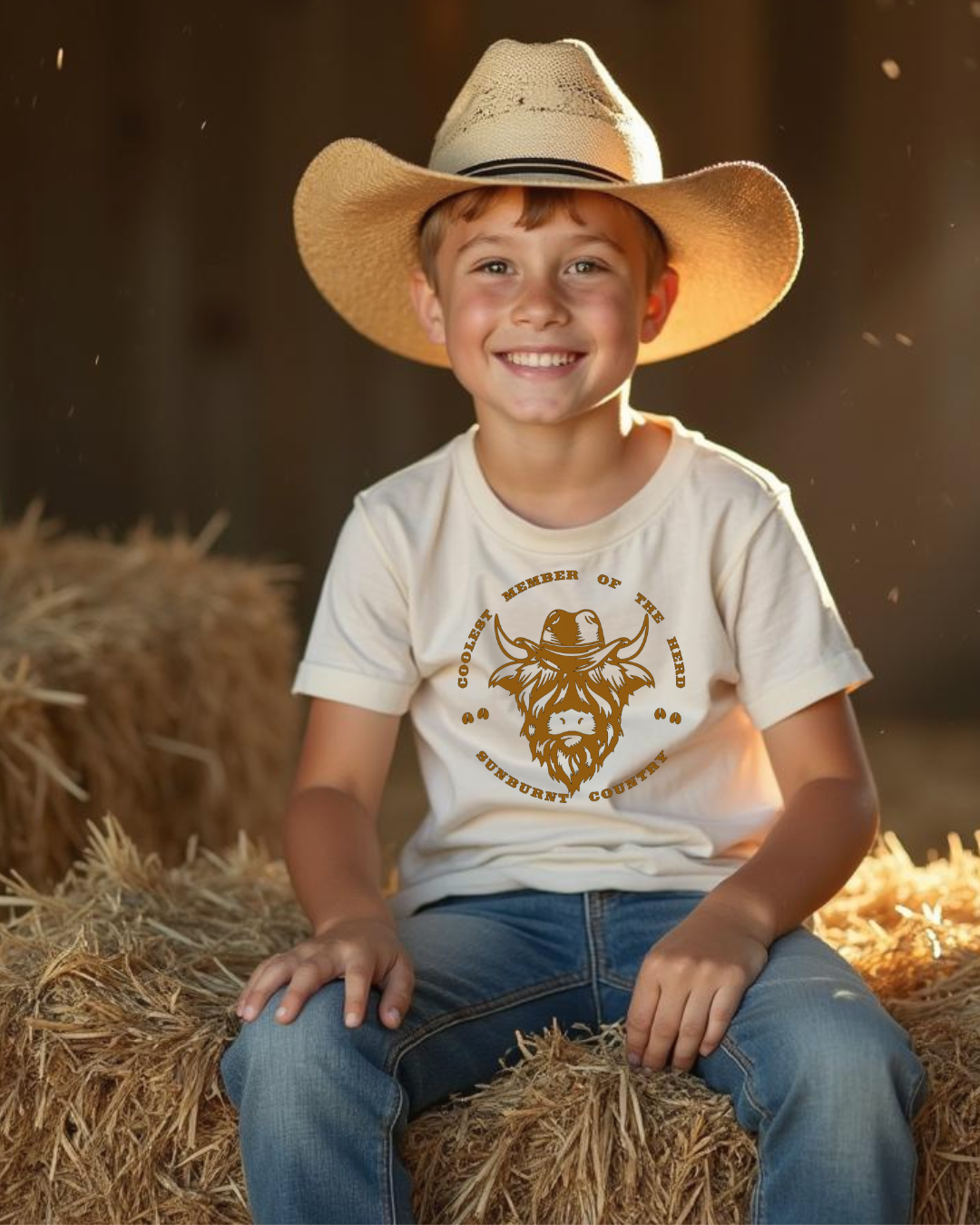 Front of young boy wearing natural boys country western t-shirt with highland cow design by Sunburnt Country Clothing, Australian kids country clothing