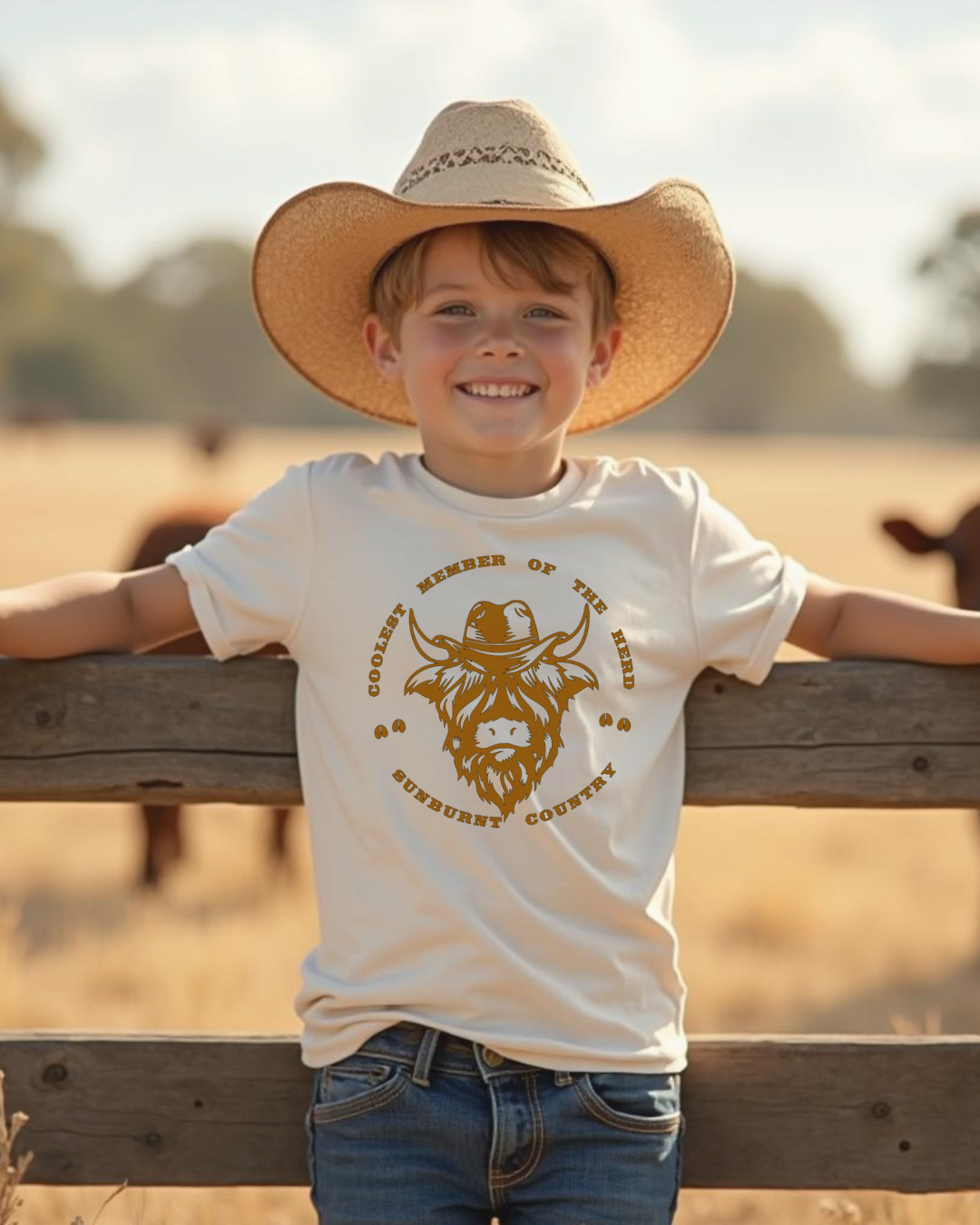 Front of young cowboy wearing natural boys country western t-shirt with highland cow design by Sunburnt Country Clothing, Australian kids country clothing