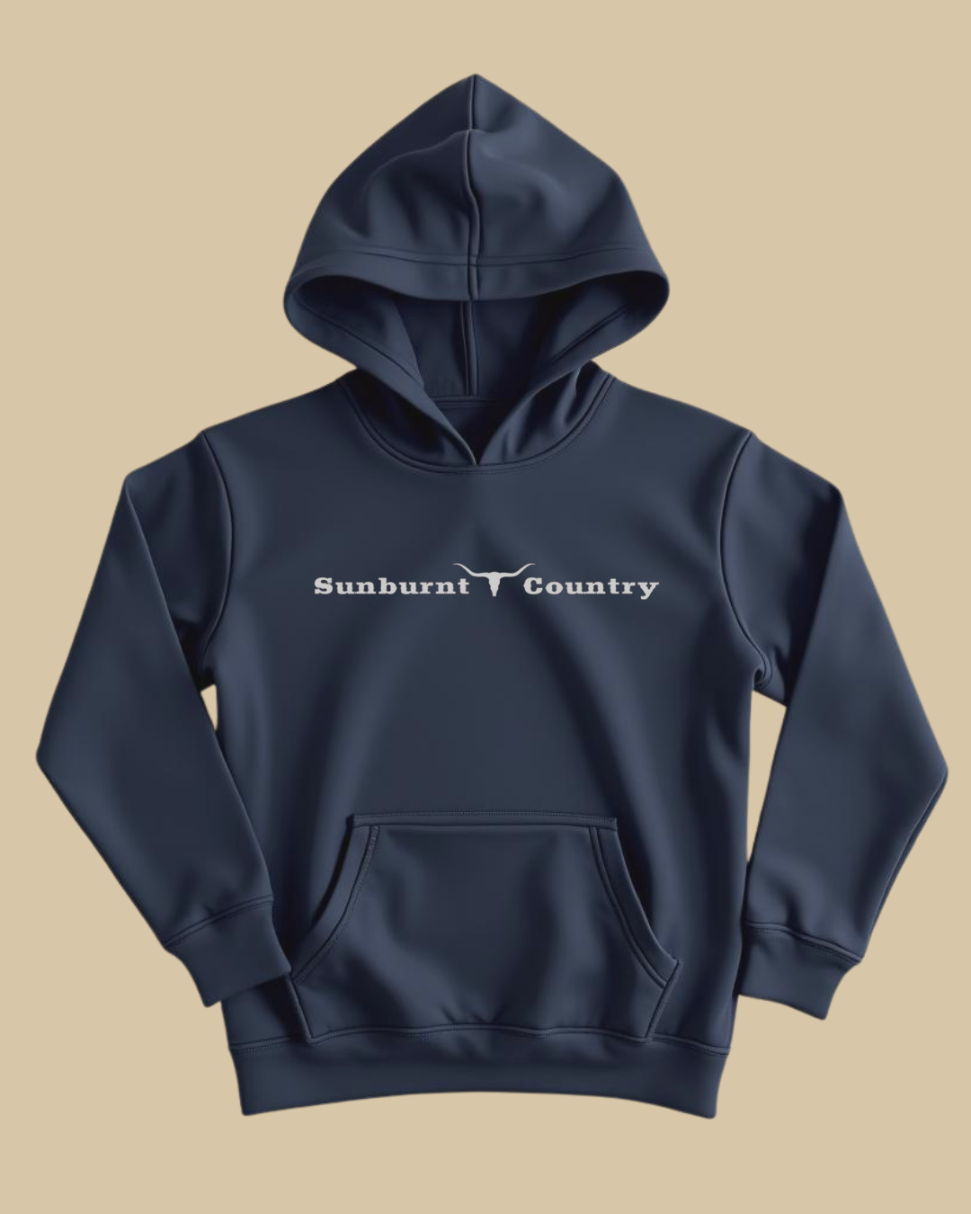 Front of a Navy coloured boys country western hoodie with small longhorn and text design by Sunburnt Country Clothing, Australian kids country clothing