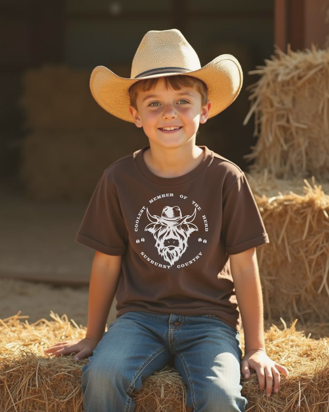 Front of young boy wearing brown boys country western t-shirt with highland cow design by Sunburnt Country Clothing, Australian kids country clothing