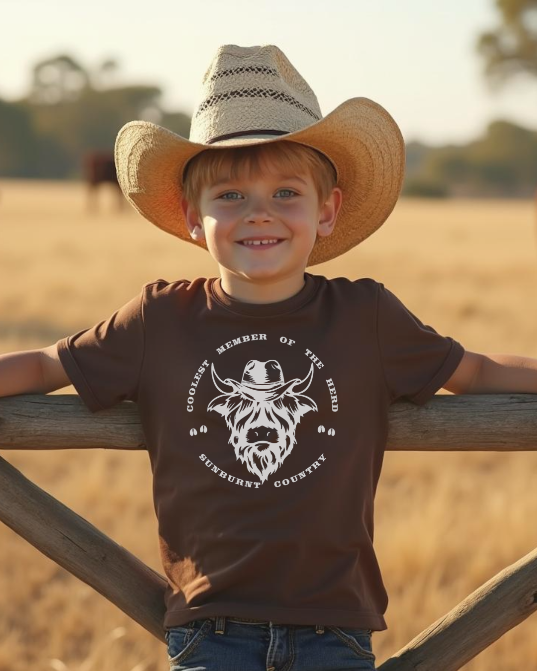 Front of young cowboy wearing brown boys country western t-shirt with highland cow design by Sunburnt Country Clothing, Australian kids country clothing