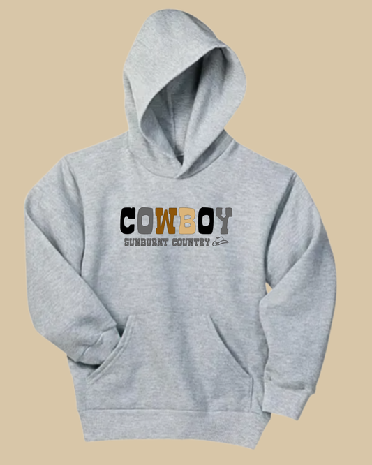 Front of a grey coloured bosy country western hoodie with cowboy in different coloured lettering design by Sunburnt Country Clothing, Australian kids country clothing