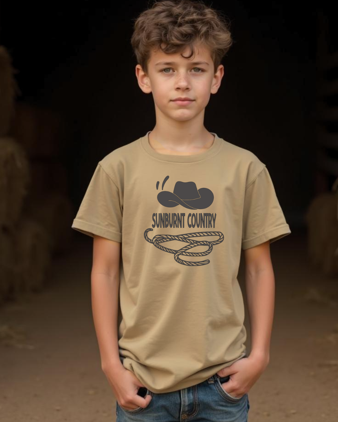Front of young boy wearing Stone boys country western t-shirt with cowboy hat and lasso design by Sunburnt Country Clothing, Australian kids country clothing