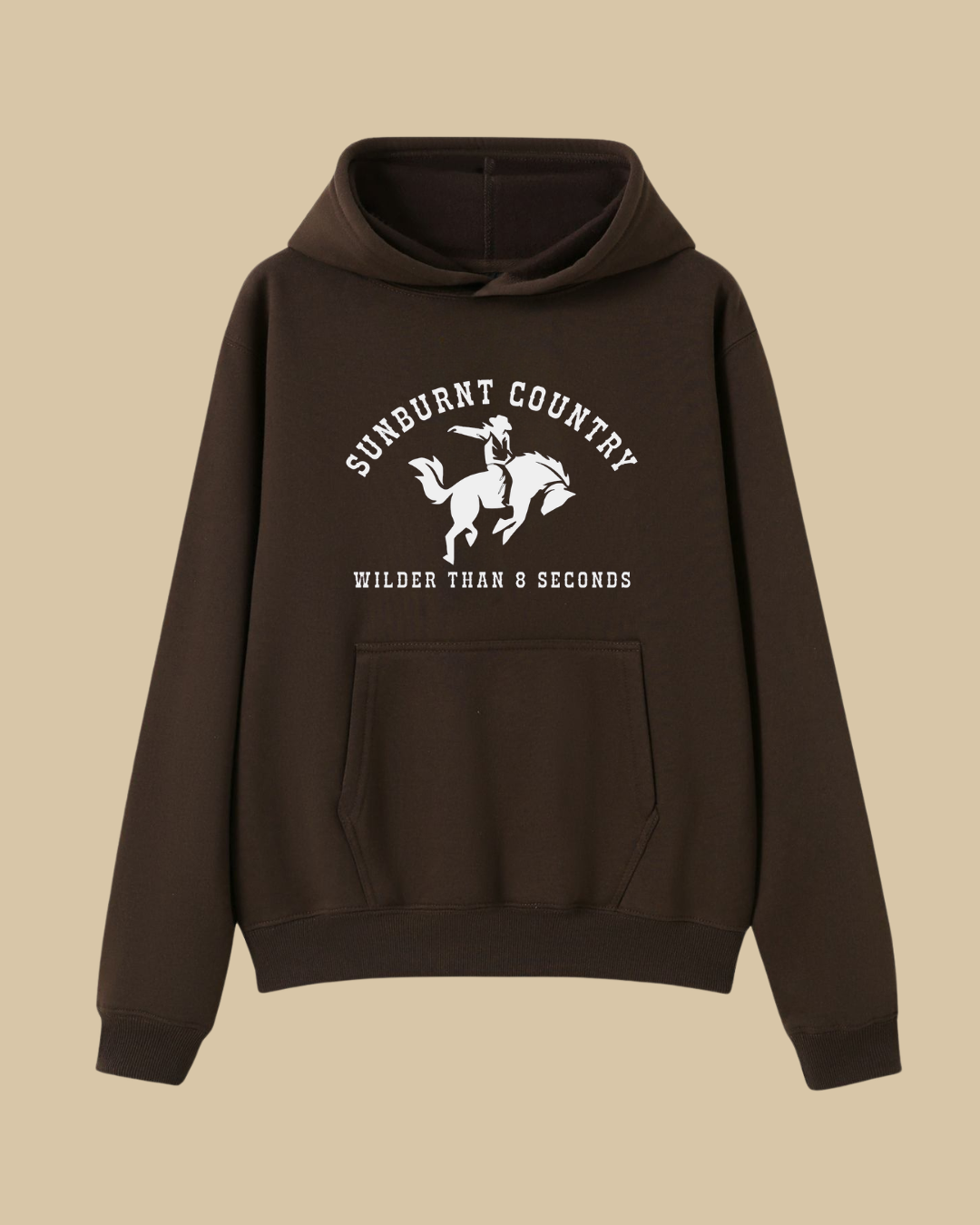 Sunburnt Country Clothing Wilder Than 8 Seconds brown kids country hoodie with bucking bronc design