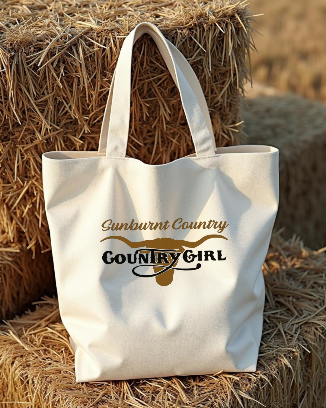 Sunburnt Country Clothing canvas tote bag with Country Girl' text on hay bales