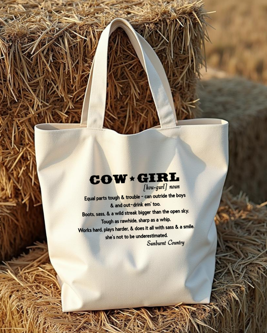 Sunburnt Country Clothing canvas tote bag with 'Cowgirl' definition text on hay bales