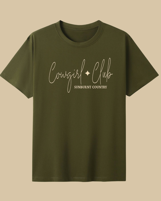 Sunburnt Country Clothing cowgirl club tee khaki country t-shirt front print