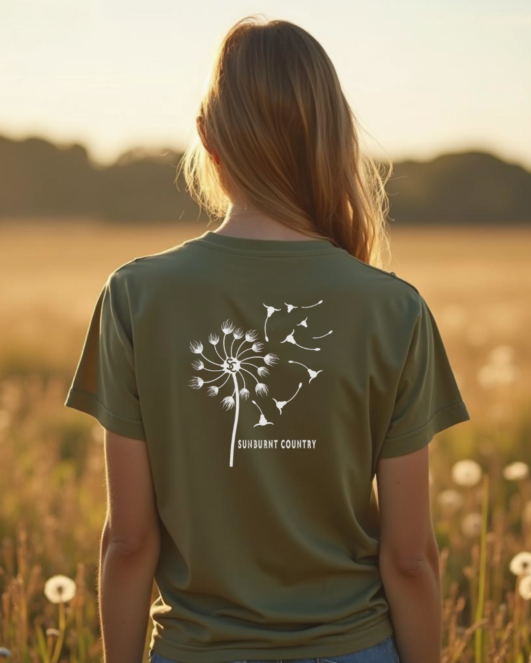 Sunburnt Country Clothing dandelion tee khaki country t-shirt female model back print