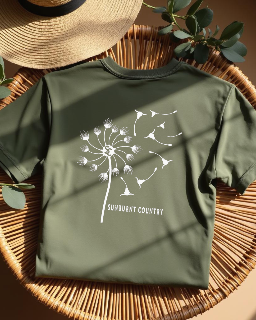 Sunburnt Country Clothing dandelion tee khaki country t-shirt flat lay back print