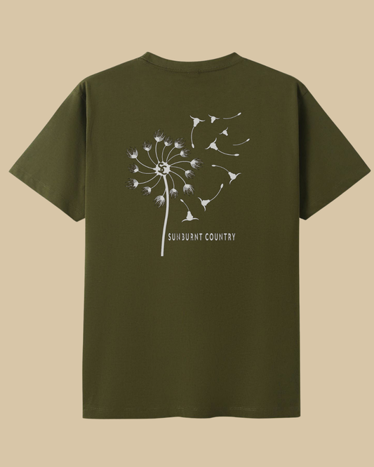 Sunburnt Country Clothing dandelion tee khaki country t-shirt back print