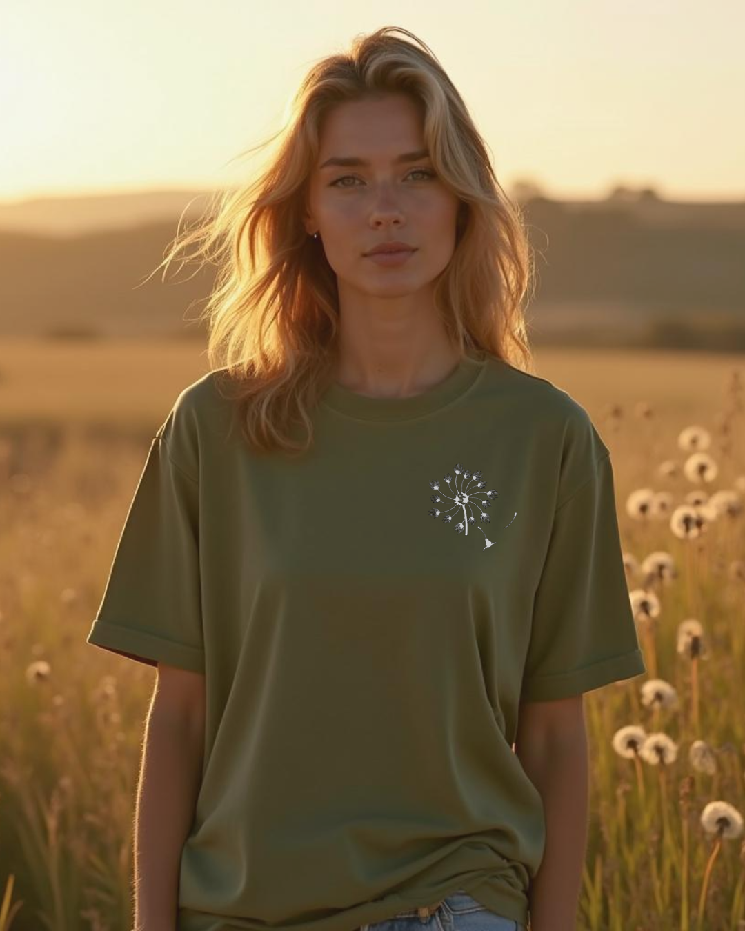 Sunburnt Country Clothing dandelion tee khaki country t-shirt female model front print