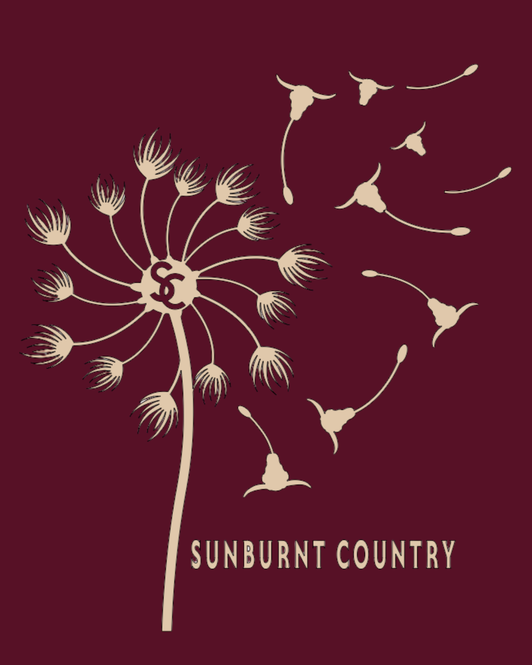 Sunburnt Country Clothing dandelion tee maroon country t-shirt close up back print