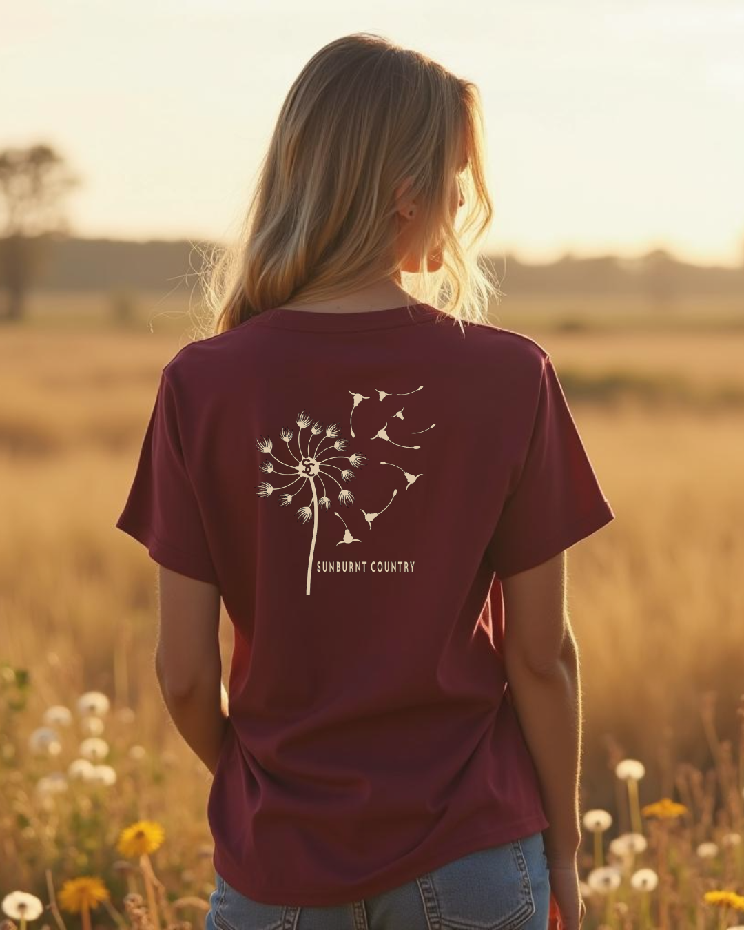 Sunburnt Country Clothing dandelion tee maroon country t-shirt female model back print