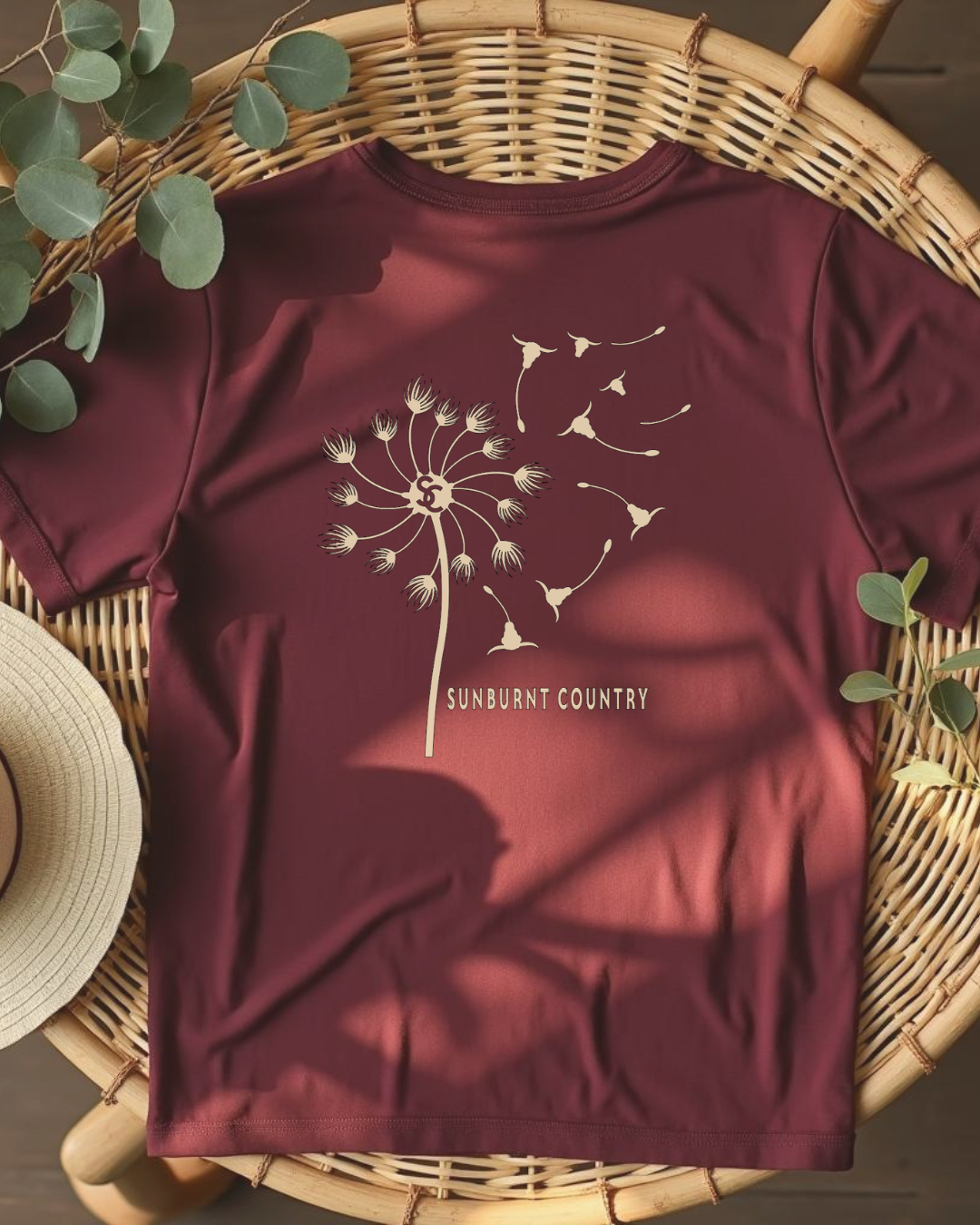 Sunburnt Country Clothing dandelion tee maroon country t-shirt flat lay back print
