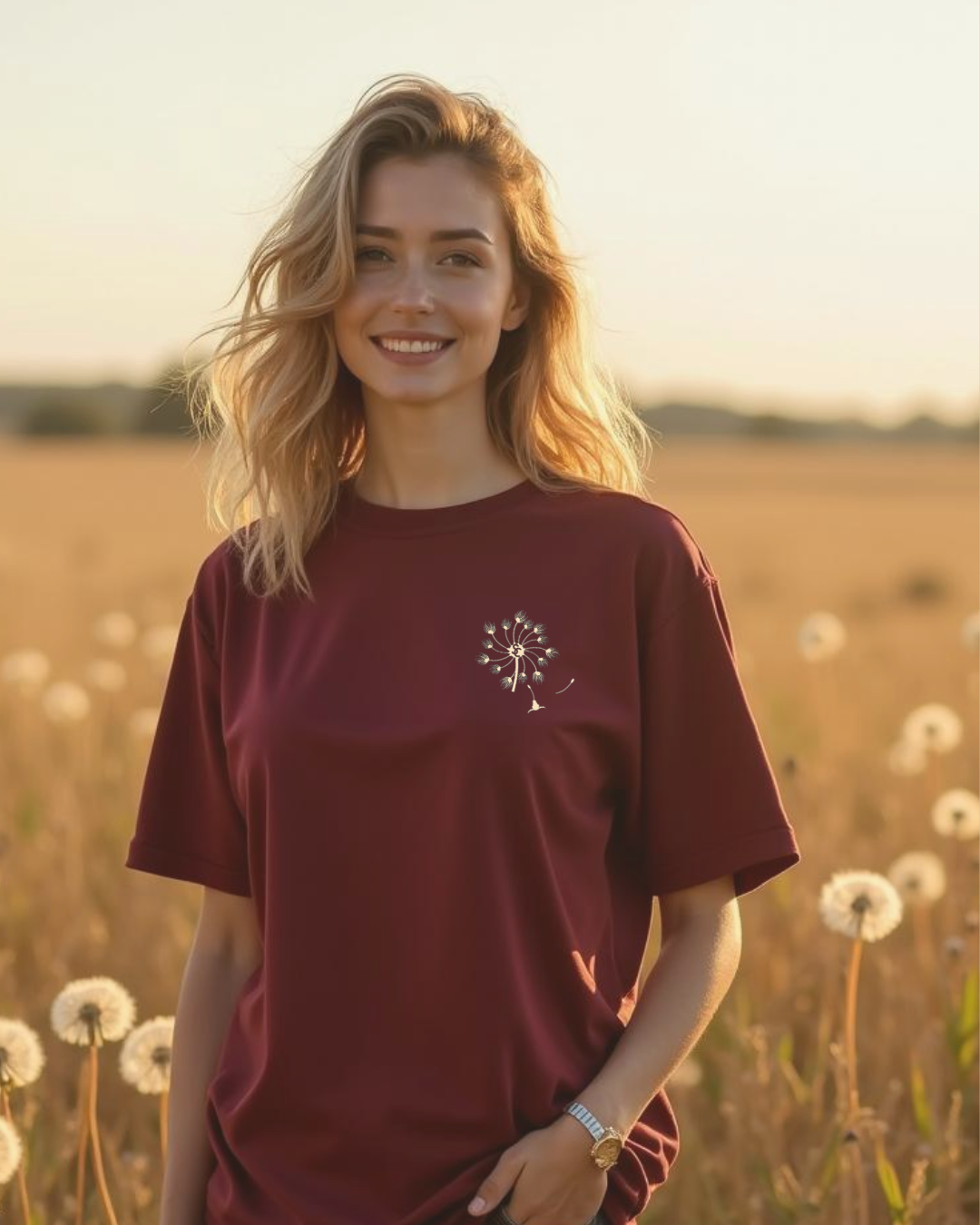Sunburnt Country Clothing dandelion tee maroon country t-shirt female model front print