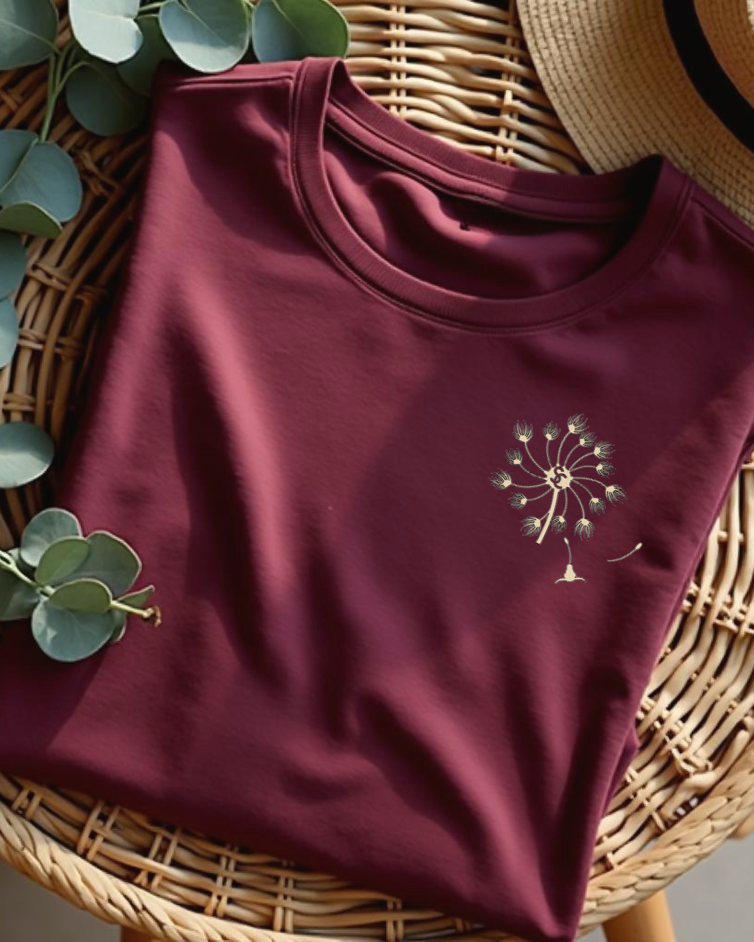 Sunburnt Country Clothing dandelion tee maroon country t-shirt flat lay front print