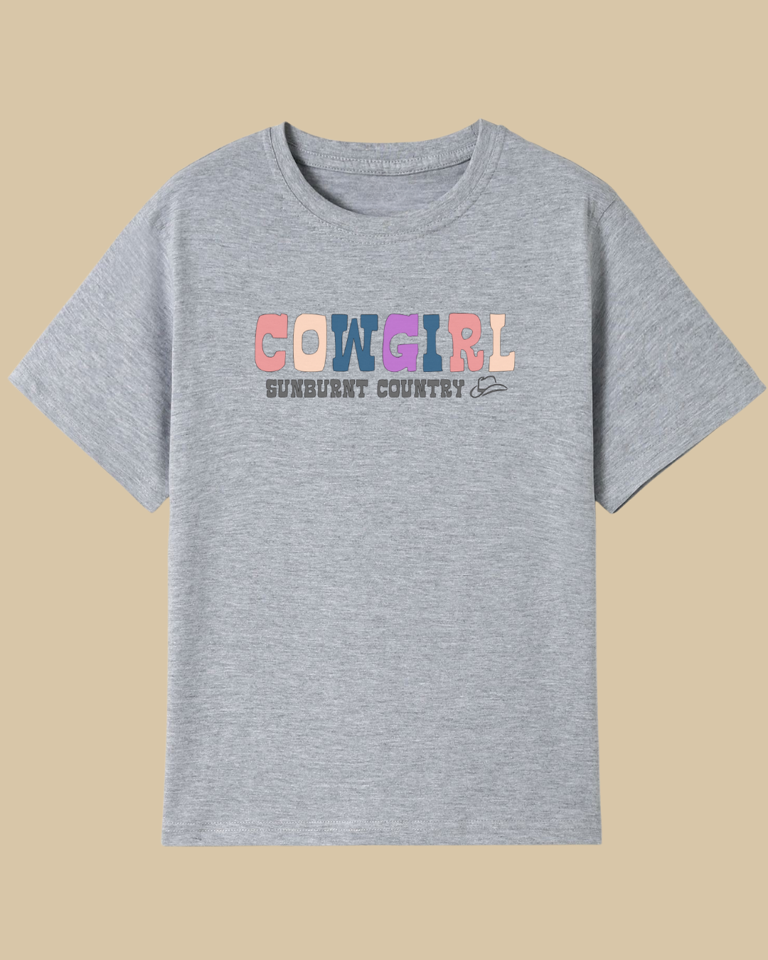 Front of grey girls country western t-shirt with cowgirl textl design by Sunburnt Country Clothing, Australian kids country clothing