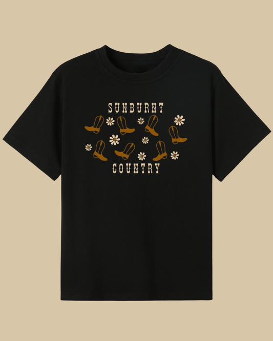 Black girls country western t-shirt with boots and flowers design by Sunburnt Country Clothing, Australian kids country clothing