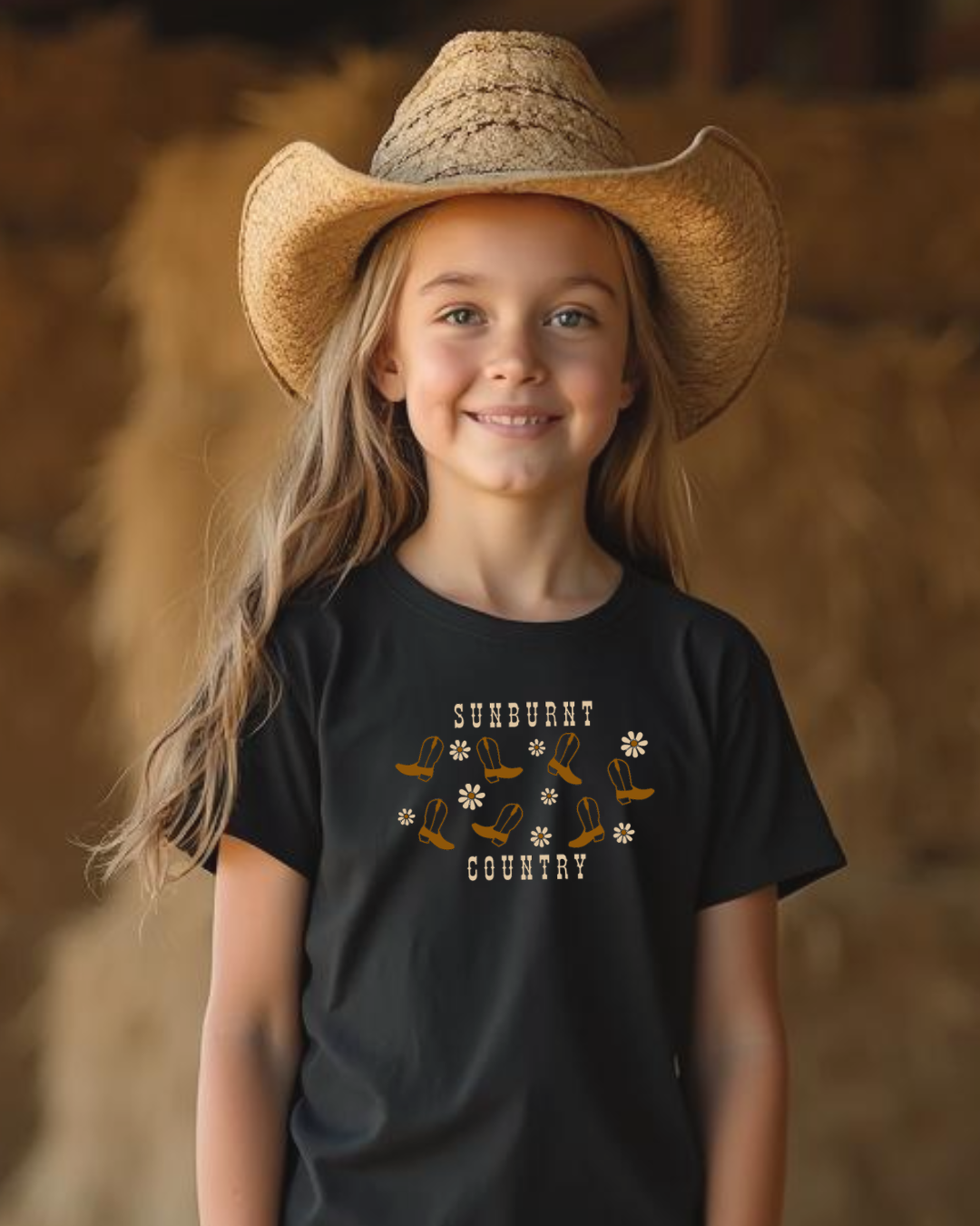 Young cowgirl wearing a Black girls country western t-shirt with boots and flower design by Sunburnt Country Clothing, Australian kids country clothing