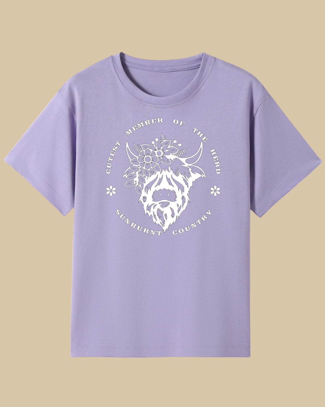 Front of a lilac coloured girls country western t-shirt highland cow design by Sunburnt Country Clothing, Australian kids country clothing