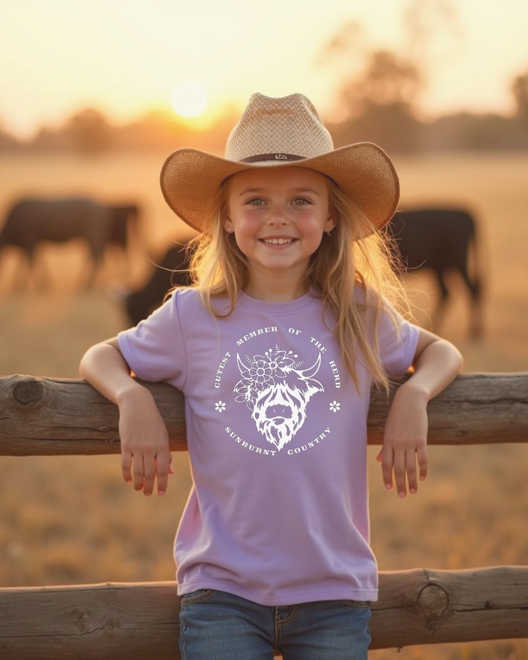 Front of little cowgirl wearing a lilac girls country western t-shirt with highland cow design by Sunburnt Country Clothing, Australian kids country clothing