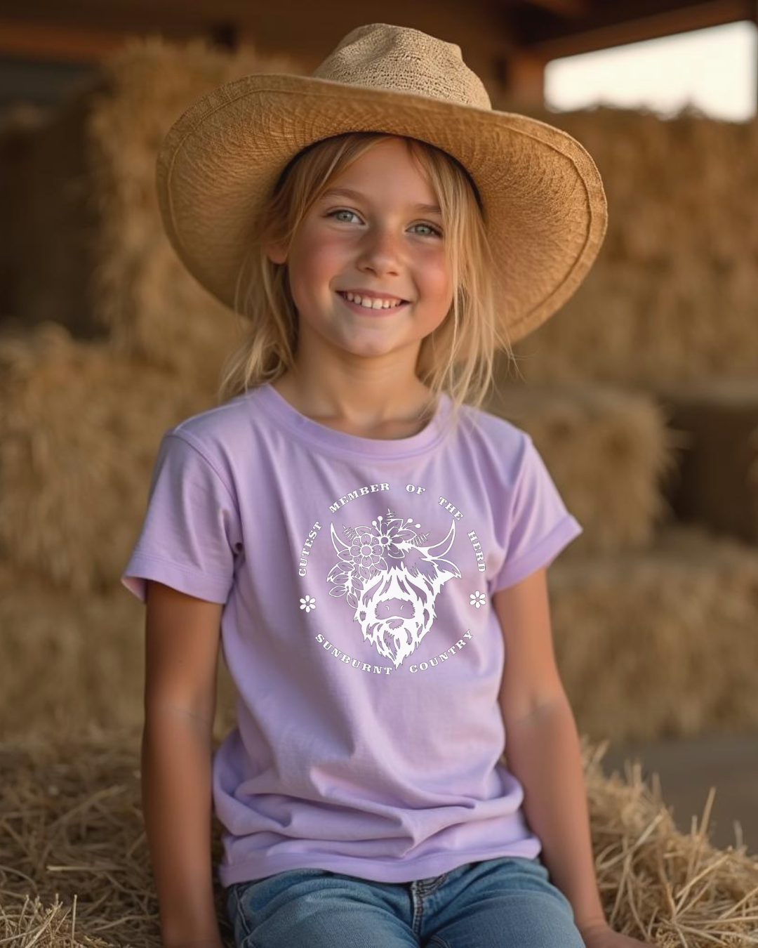 Front of young cowgirl wearing a lilac girls country western t-shirt with highland cow design by Sunburnt Country Clothing, Australian kids country clothing