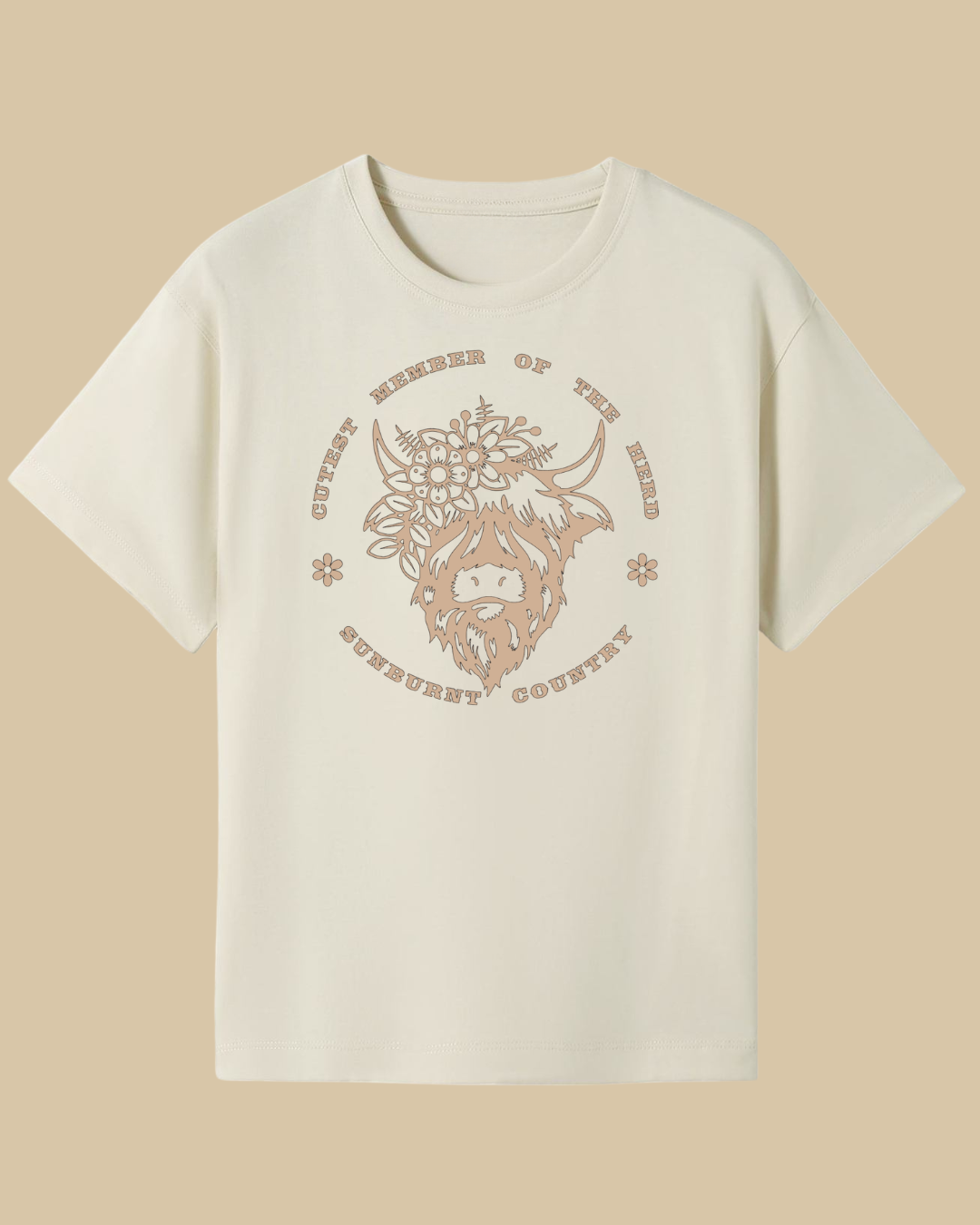 Front of a natural coloured girls country western t-shirt highland cow design by Sunburnt Country Clothing, Australian kids country clothing