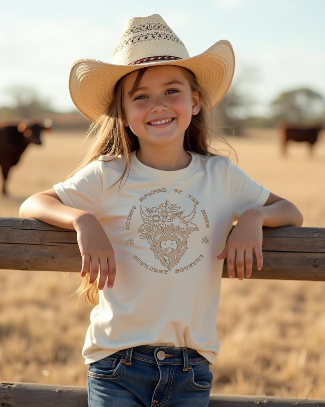 Front of little cowgirl wearing a natural girls country western t-shirt with highland cow design by Sunburnt Country Clothing, Australian kids country clothing