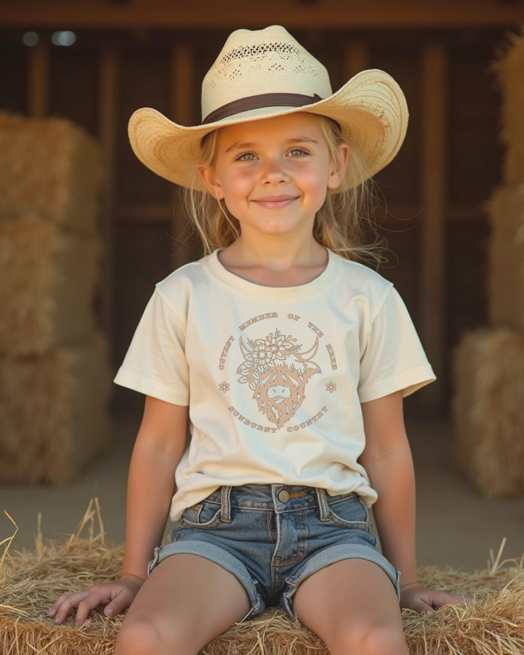 Front of young cowgirl wearing a natural coloured girls country western t-shirt with highland cow design by Sunburnt Country Clothing, Australian kids country clothing