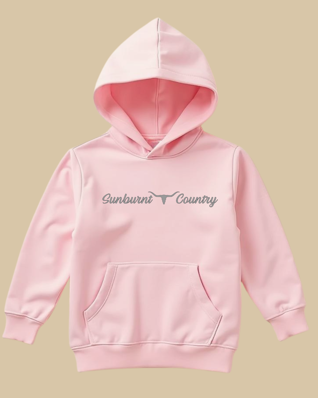 Front of a pink coloured girls country western hoodie with longhorn and text design by Sunburnt Country Clothing, Australian kids country clothing