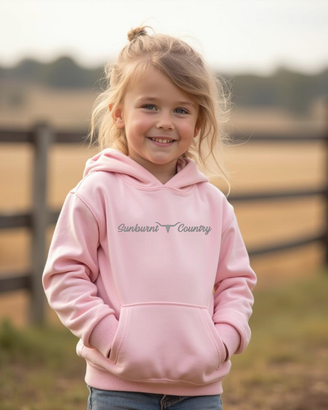 Front of a little girl wearing a pink coloured girls country western hoodie with small longhorn and text design by Sunburnt Country Clothing, Australian kids country clothing