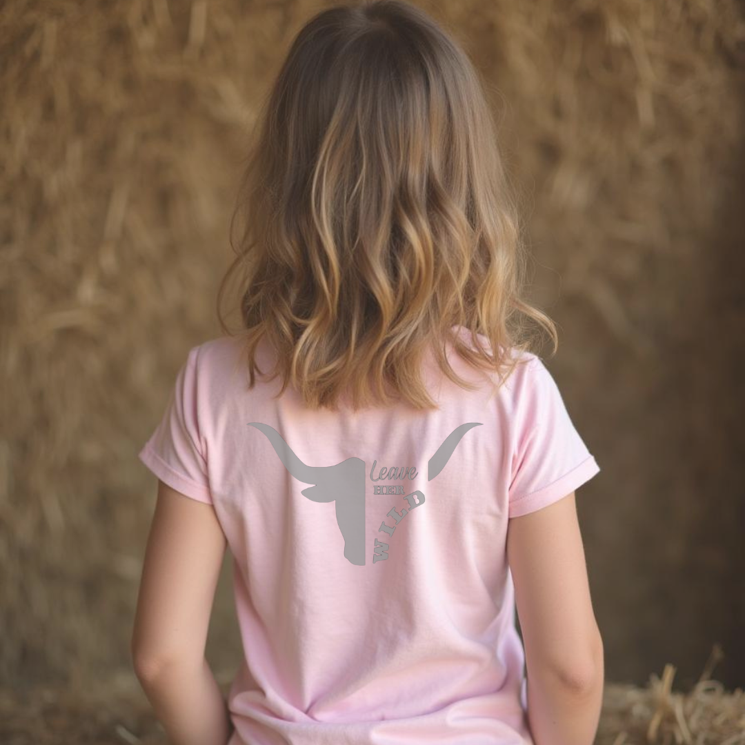 Back of cowgirl girl with pink girls country western t-shirt with skull and text design by Sunburnt Country Clothing, Australian kids country clothing