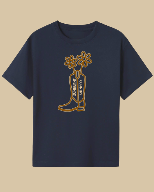 Navy girls country western t-shirt with floral boot design by Sunburnt Country Clothing, Australian kids country clothing