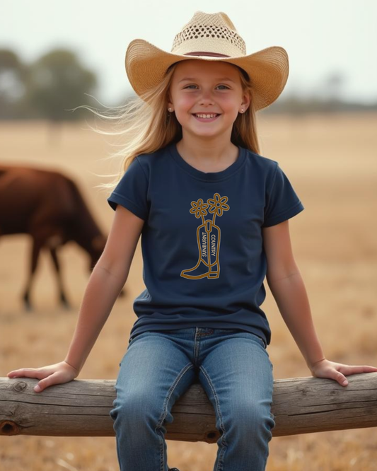 Girl wearing navy western boot t-shirt by Sunburnt Country Clothing, Australian country girls clothing, kids western tee styled in rural paddock setting
