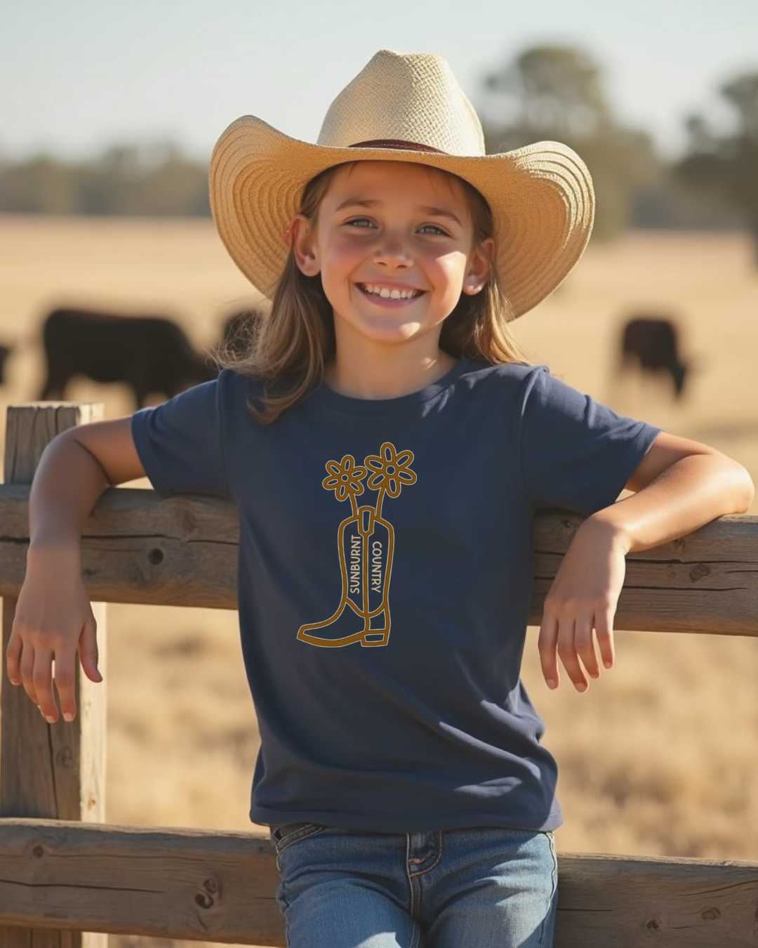 Girl wearing navy western boot t-shirt by Sunburnt Country Clothing, Australian country girls clothing, kids western tee styled in rural paddock setting