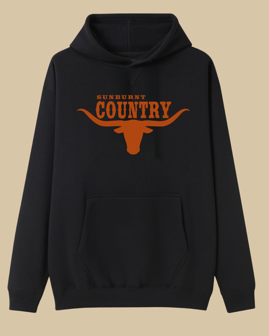 Black hoodie with 'Sunburnt Country' text and longhorn logo in texas orange