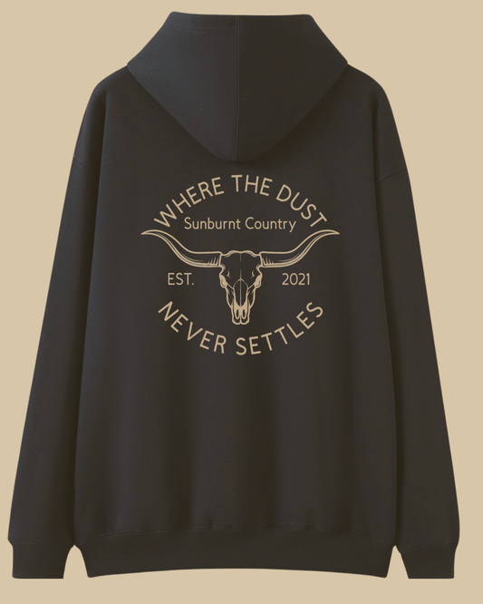 Sunburnt Country Clothing Charcoal hoodie with text and longhorn skull design on the back