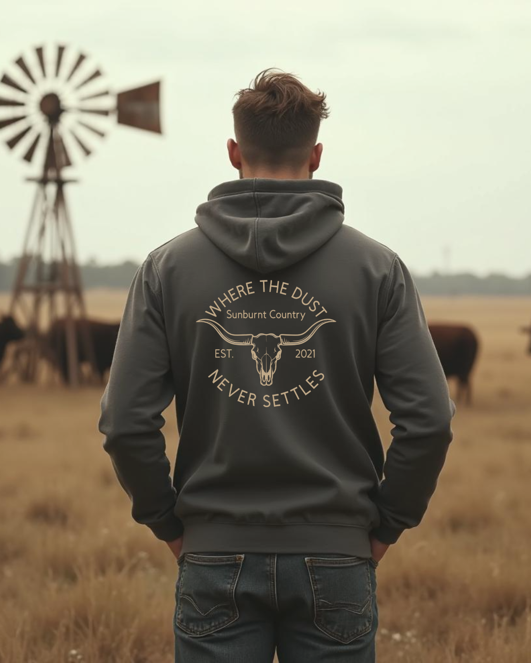Male model wearing Sunburnt Country Clothing Heritage hoodie in rural setting