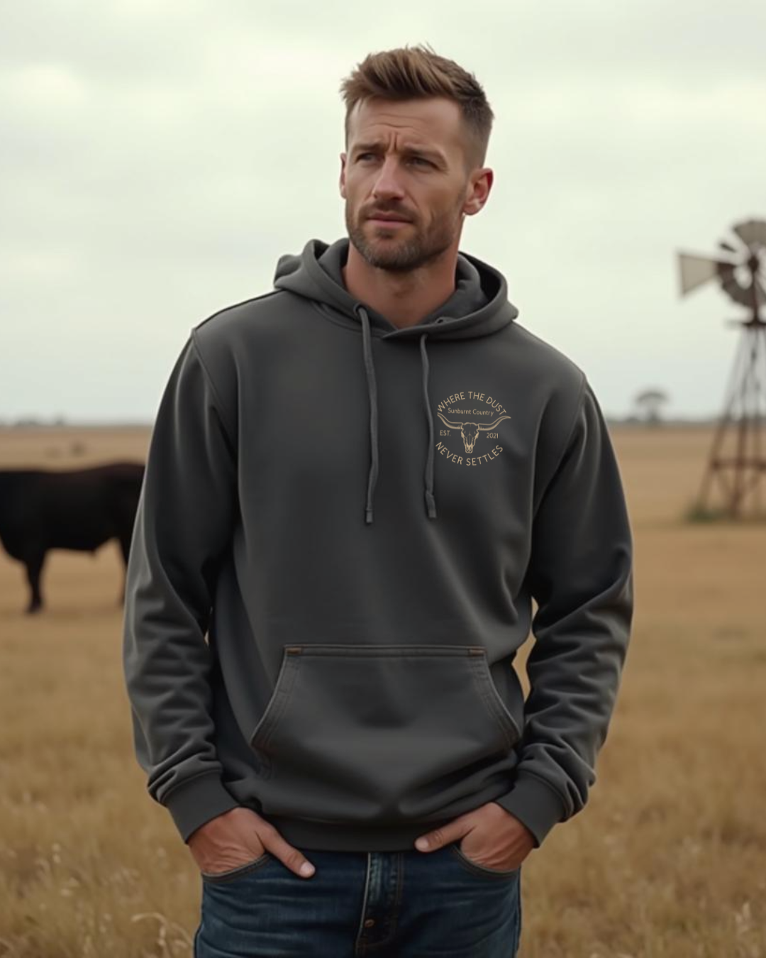 Male model wearing Sunburnt Country Clothing Charcoal Heritage hoodie in rural setting