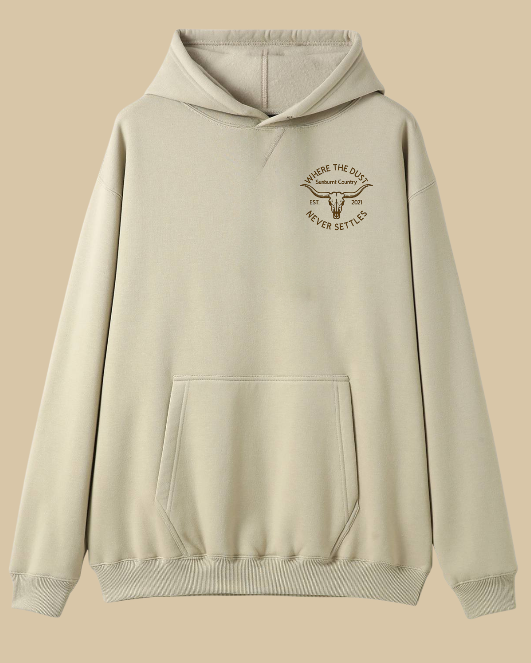 Sunburnt Country Clothing sand hoodie with text and longhorn skull design on the front